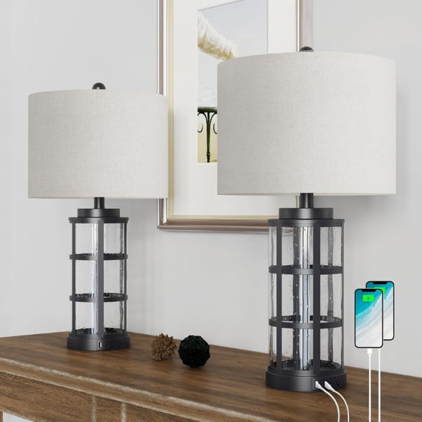 English Elm 25 Inch Industrial Glass Bedside Lamp Set Dimmable with USB Charging Ports for Bedroom T6202P571679