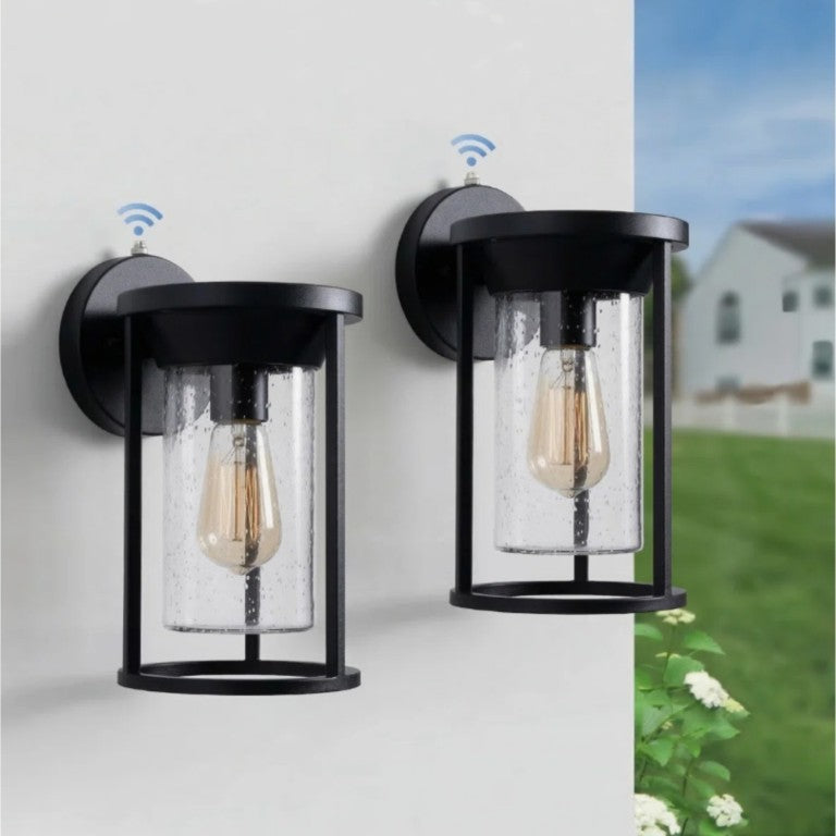 English Elm 11 Inch Seeded Glass Iron Outdoor Wall Lanterns Dusk to Dawn Sensor Porch Set of 2 T6202P571698