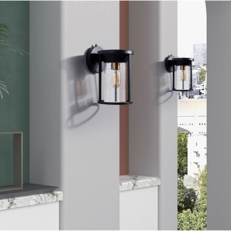English Elm 11 Inch Seeded Glass Iron Outdoor Wall Lanterns Dusk to Dawn Sensor Porch Set of 2 T6202P571698