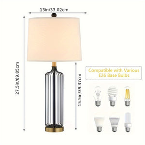 English Elm 28 Inch Wrought Iron Cage Bedside Lamp Set of 2 Dimmable with White Fabric Shade T6202P571712