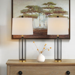 English Elm 28 Inch Wrought Iron Cage Bedside Lamp Set of 2 Dimmable with White Fabric Shade T6202P571712