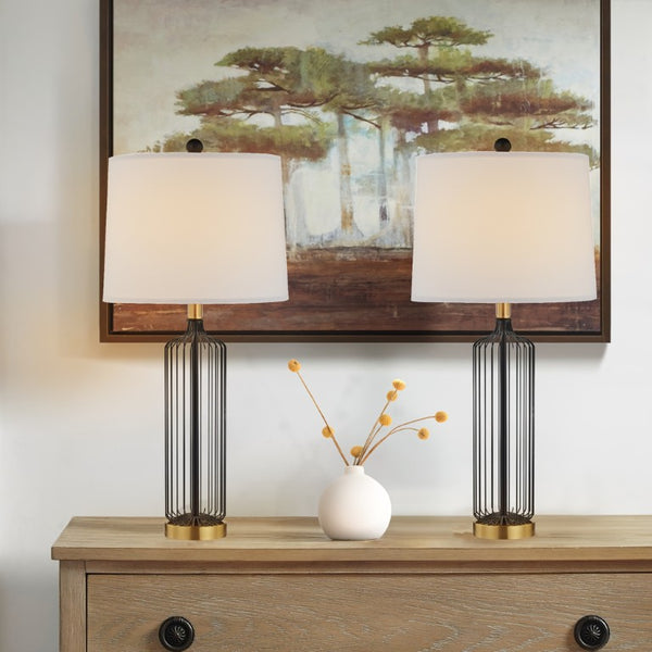 English Elm 28 Inch Wrought Iron Cage Bedside Lamp Set of 2 Dimmable with White Fabric Shade T6202P571712