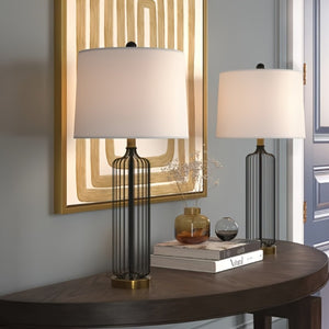 English Elm 28 Inch Wrought Iron Cage Bedside Lamp Set of 2 Dimmable with White Fabric Shade T6202P571712