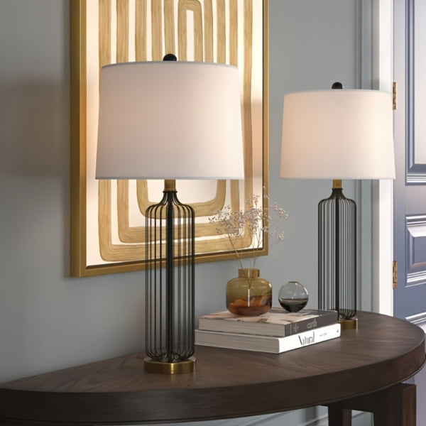 English Elm 28 Inch Wrought Iron Cage Bedside Lamp Set of 2 Dimmable with White Fabric Shade T6202P571712