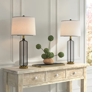 English Elm 28 Inch Wrought Iron Cage Bedside Lamp Set of 2 Dimmable with White Fabric Shade T6202P571712