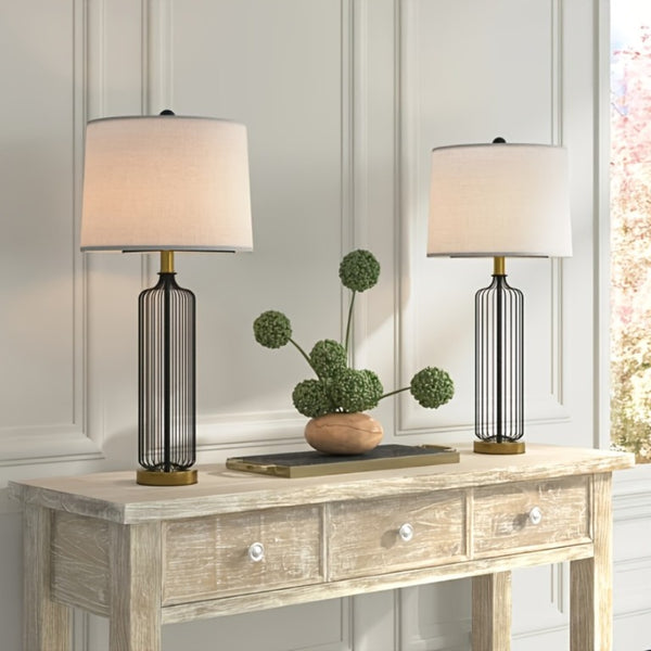 English Elm 28 Inch Wrought Iron Cage Bedside Lamp Set of 2 Dimmable with White Fabric Shade T6202P571712