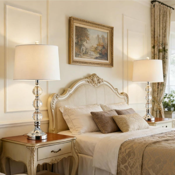 English Elm 27.5 Inch Crystal Column Table Lamp Pair with Dimmable Switch and Fabric Drum Shades T6202P571766