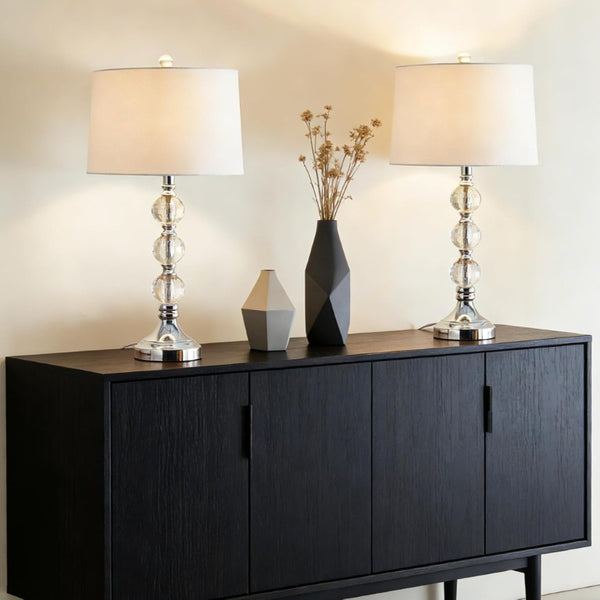 English Elm 27.5 Inch Crystal Column Table Lamp Pair with Dimmable Switch and Fabric Drum Shades T6202P571766