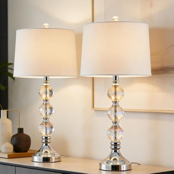 English Elm 27.5 Inch Crystal Column Table Lamp Pair with Dimmable Switch and Fabric Drum Shades T6202P571766