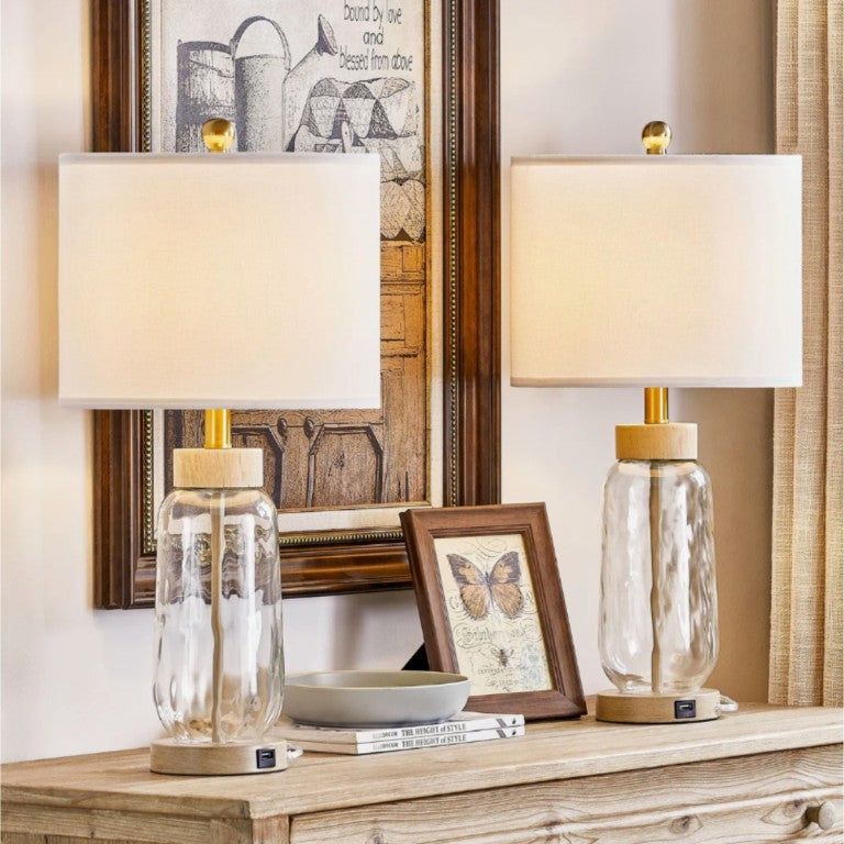 English Elm 24 Inch Hammered Glass Bohemian Table Lamp Set with Linen Drum Shade and USB Port T6202P571769