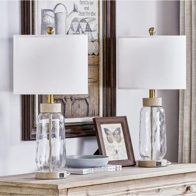 English Elm 24 Inch Hammered Glass Bohemian Table Lamp Set with Linen Drum Shade and USB Port T6202P571769