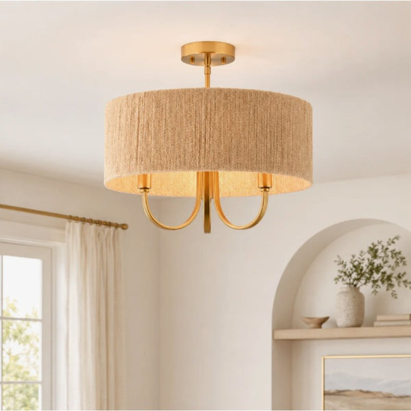 English Elm 3-Light Boho Paper Rope Drum Semi Flush Mount for Dining Living Bedroom Decor T6202P571786