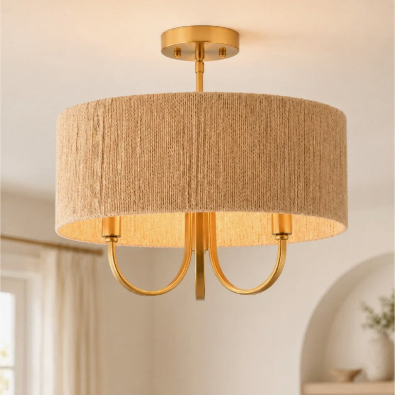 English Elm 3-Light Boho Paper Rope Drum Semi Flush Mount for Dining Living Bedroom Decor T6202P571786