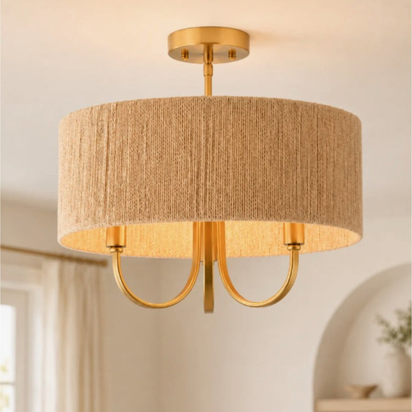 English Elm 3-Light Boho Paper Rope Drum Semi Flush Mount for Dining Living Bedroom Decor T6202P571786