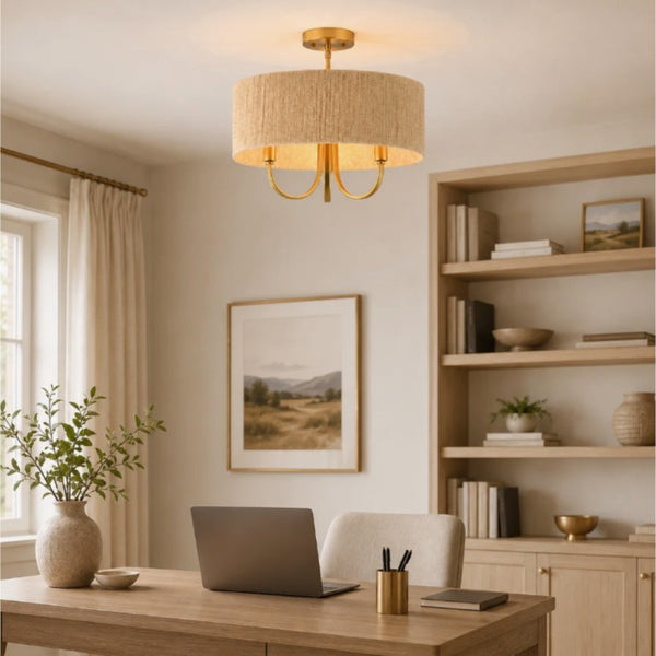 English Elm 3-Light Boho Paper Rope Drum Semi Flush Mount for Dining Living Bedroom Decor T6202P571786