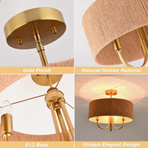 English Elm 3-Light Boho Paper Rope Drum Semi Flush Mount for Dining Living Bedroom Decor T6202P571786