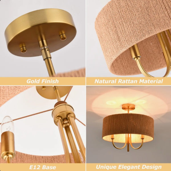 English Elm 3-Light Boho Paper Rope Drum Semi Flush Mount for Dining Living Bedroom Decor T6202P571786