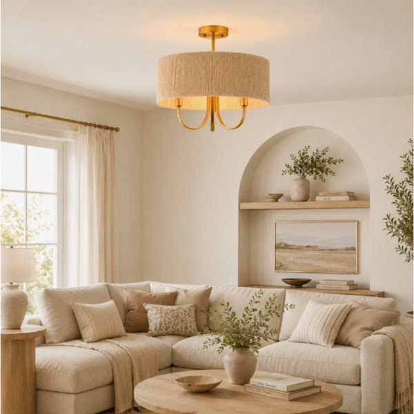 English Elm 3-Light Boho Paper Rope Drum Semi Flush Mount for Dining Living Bedroom Decor T6202P571786