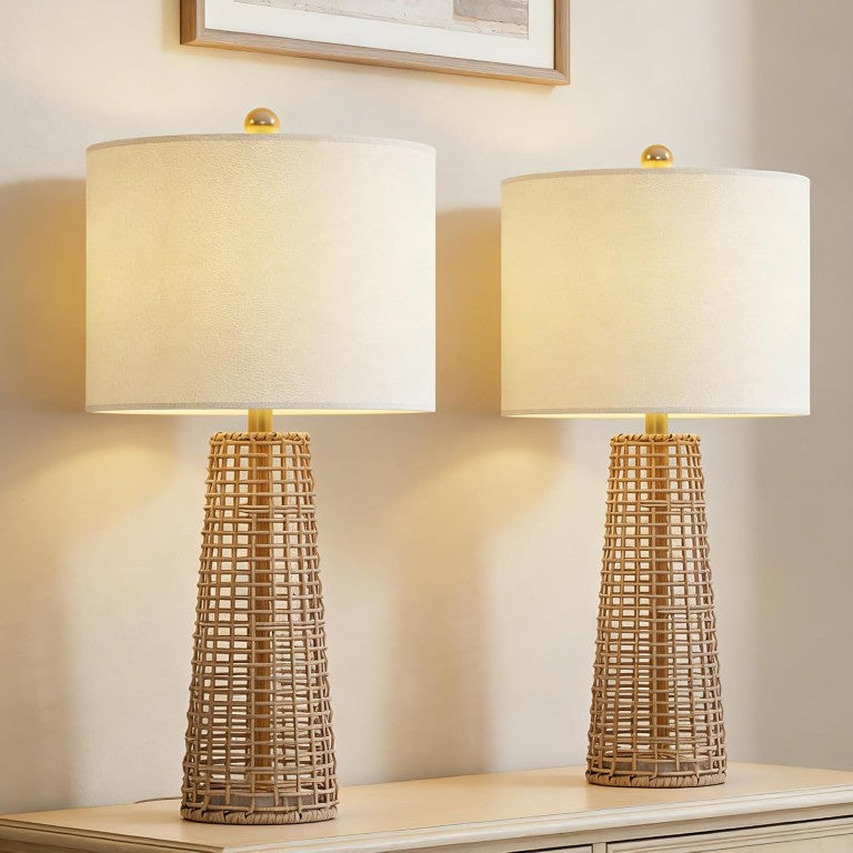 English Elm 26.5 Inch Woven Rattan Boho Table Lamp Set Two Linen Shade Dimmable Bedroom Pair T6202P571819
