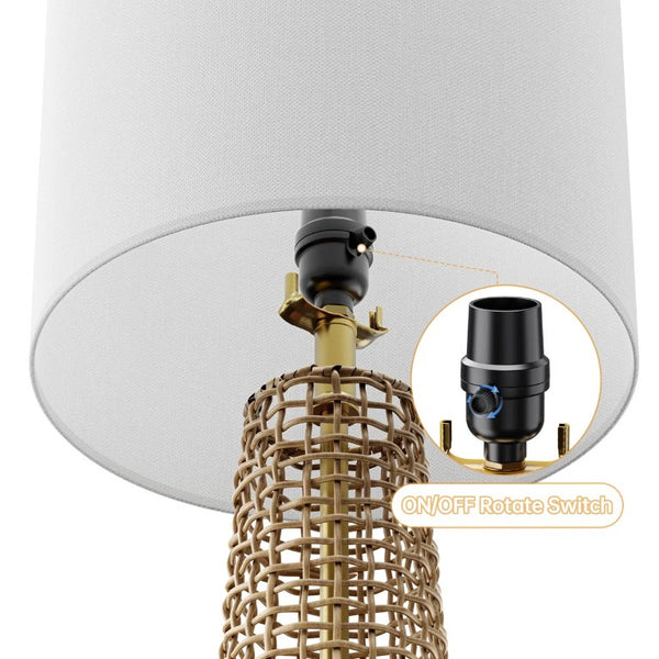 English Elm 26.5 Inch Woven Rattan Boho Table Lamp Set Two Linen Shade Dimmable Bedroom Pair T6202P571819