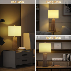 English Elm 26.5 Inch Woven Rattan Boho Table Lamp Set Two Linen Shade Dimmable Bedroom Pair T6202P571819