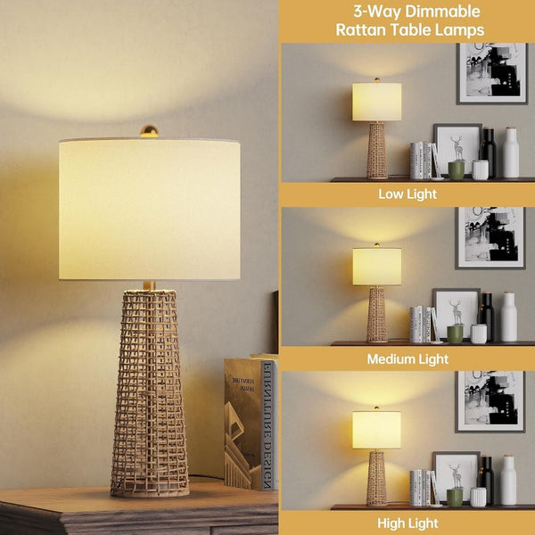 English Elm 26.5 Inch Woven Rattan Boho Table Lamp Set Two Linen Shade Dimmable Bedroom Pair T6202P571819