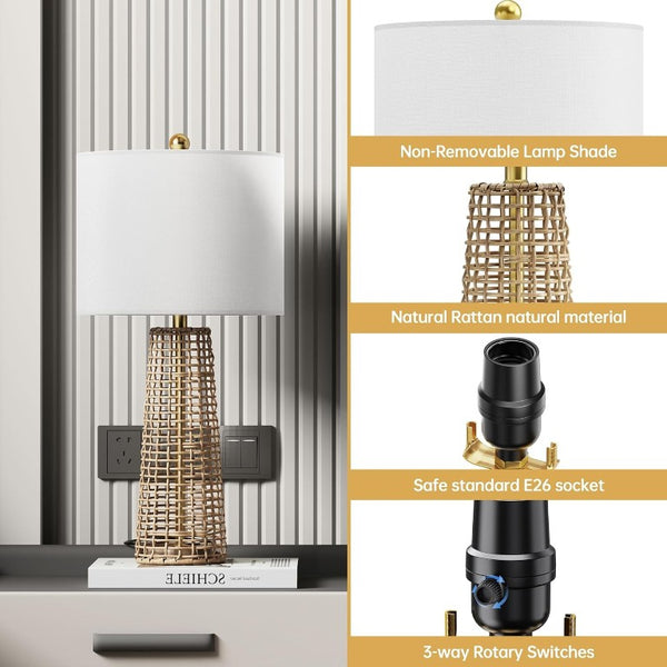 English Elm 26.5 Inch Woven Rattan Boho Table Lamp Set Two Linen Shade Dimmable Bedroom Pair T6202P571819