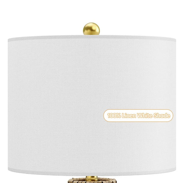English Elm 26.5 Inch Woven Rattan Boho Table Lamp Set Two Linen Shade Dimmable Bedroom Pair T6202P571819