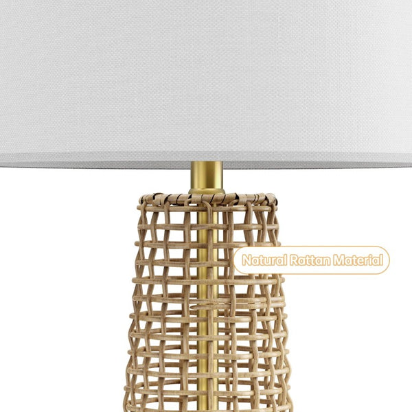 English Elm 26.5 Inch Woven Rattan Boho Table Lamp Set Two Linen Shade Dimmable Bedroom Pair T6202P571819