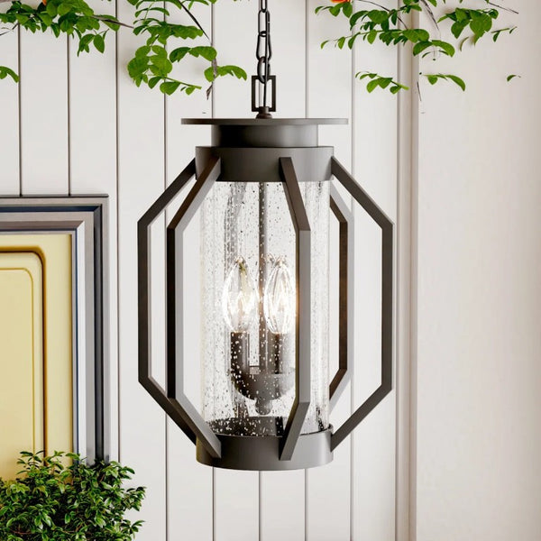 English Elm 3 Light Outdoor Hanging Lantern Iron Seeded Glass Oil Rubbed Bronze Porch Pendant T6202P571828