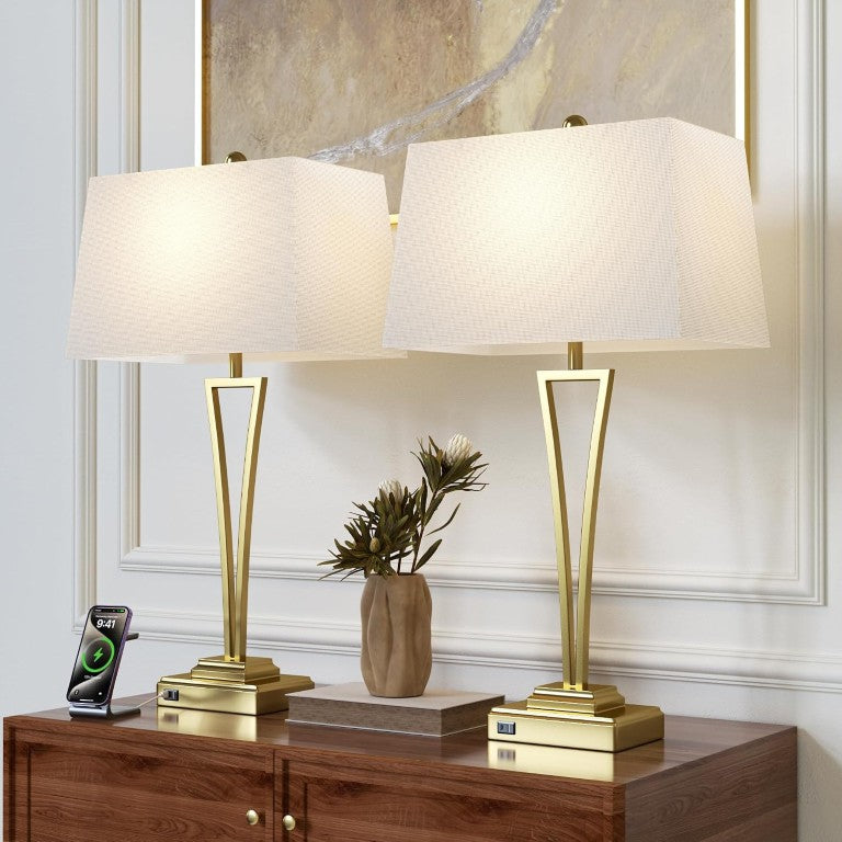 English Elm Gold Metal Bedside Lamp Set with USB Charging Ports and White Rectangular Shade T6202P571839