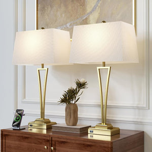 English Elm Gold Metal Bedside Lamp Set with USB Charging Ports and White Rectangular Shade T6202P571839