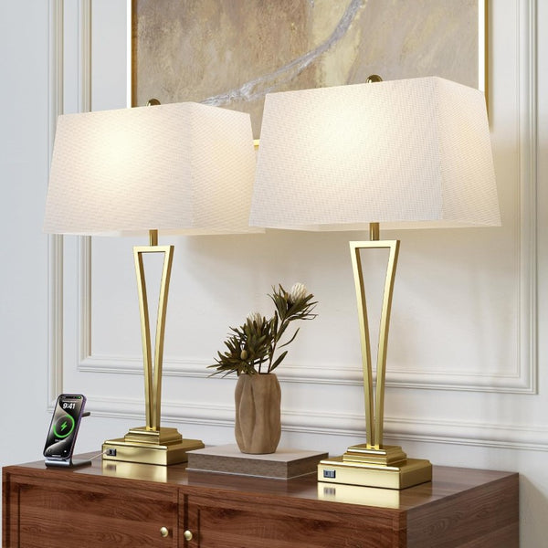 English Elm Gold Metal Bedside Lamp Set with USB Charging Ports and White Rectangular Shade T6202P571839