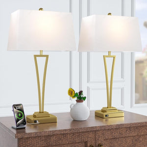 English Elm Gold Metal Bedside Lamp Set with USB Charging Ports and White Rectangular Shade T6202P571839