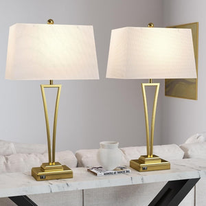English Elm Gold Metal Bedside Lamp Set with USB Charging Ports and White Rectangular Shade T6202P571839