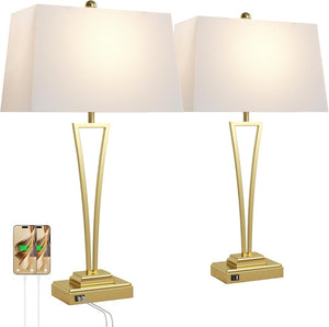 English Elm Gold Metal Bedside Lamp Set with USB Charging Ports and White Rectangular Shade T6202P571839