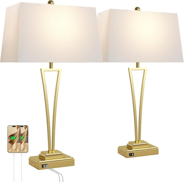English Elm Gold Metal Bedside Lamp Set with USB Charging Ports and White Rectangular Shade T6202P571839