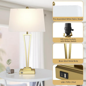 English Elm Gold Metal Bedside Lamp Set with USB Charging Ports and White Rectangular Shade T6202P571839