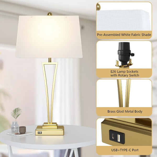 English Elm Gold Metal Bedside Lamp Set with USB Charging Ports and White Rectangular Shade T6202P571839