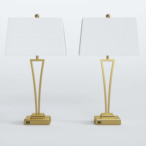 English Elm Gold Metal Bedside Lamp Set with USB Charging Ports and White Rectangular Shade T6202P571839