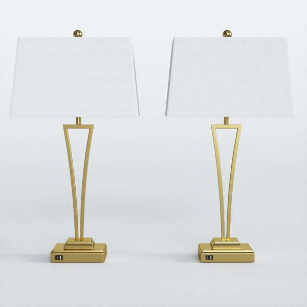 English Elm Gold Metal Bedside Lamp Set with USB Charging Ports and White Rectangular Shade T6202P571839