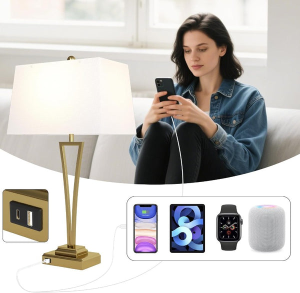 English Elm Gold Metal Bedside Lamp Set with USB Charging Ports and White Rectangular Shade T6202P571839
