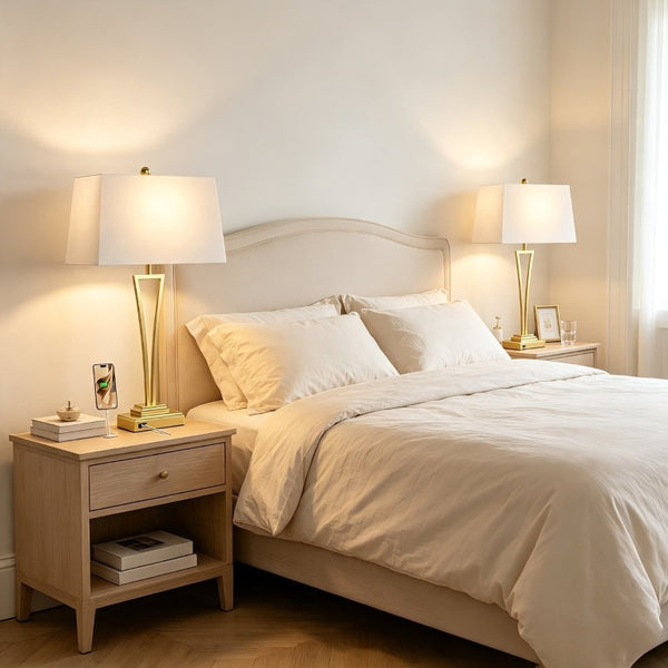 English Elm Gold Metal Bedside Lamp Set with USB Charging Ports and White Rectangular Shade T6202P571839