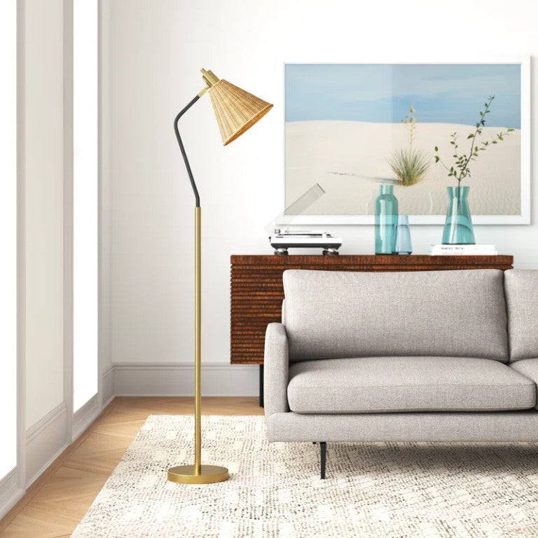 English Elm 62 Inch Rattan Arc Floor Lamp Brass Gold Woven Shade Bohemian Farmhouse Living Room 10 L x 10 W x 62 H T6202P571948