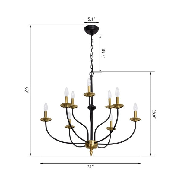 English Elm 9-Light Two Tier Metal Candelabra Chandelier Dimmable Foyer Dining Room Fixture T6202P575028