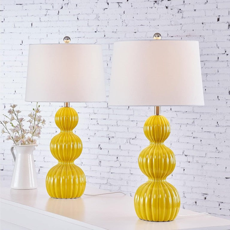 English Elm 28 Inch Ceramic Triple Gourd Table Lamp Set Lemon Yellow Sculptural Bedside Duo T6202P575070