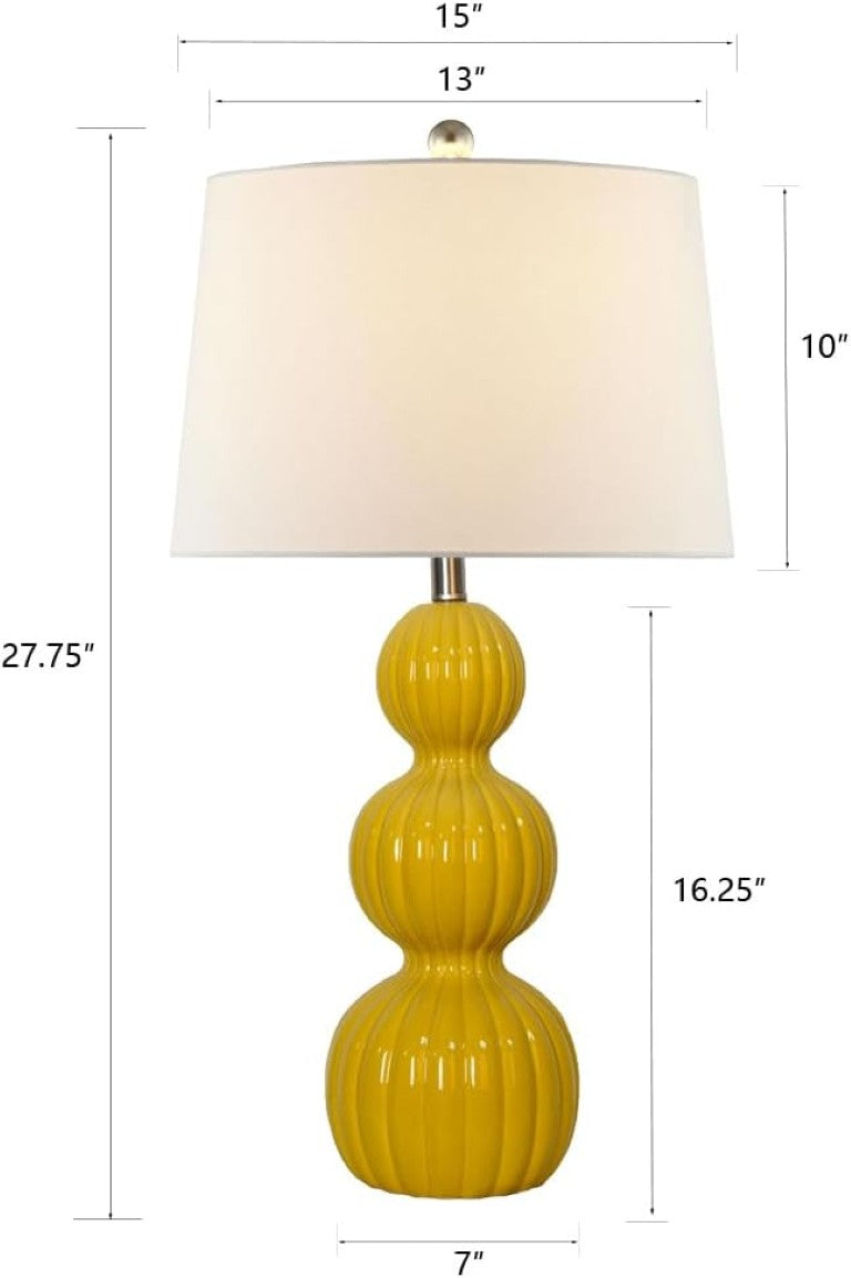 English Elm 28 Inch Ceramic Triple Gourd Table Lamp Set Lemon Yellow Sculptural Bedside Duo T6202P575070