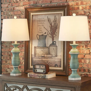 English Elm 27 Inch Farmhouse Resin Table Lamp Set of 2 with Wire Shade and 3 Way Dimming T6202P575076