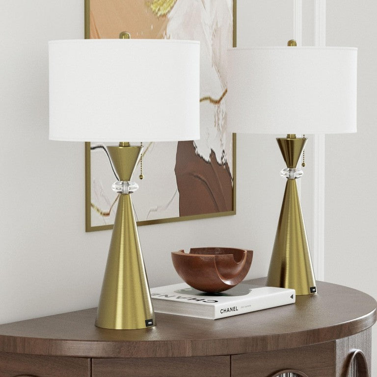 English Elm 28 Inch Brushed Gold Hourglass Table Lamp Set with USB Port and White Drum Shade T6202P575094
