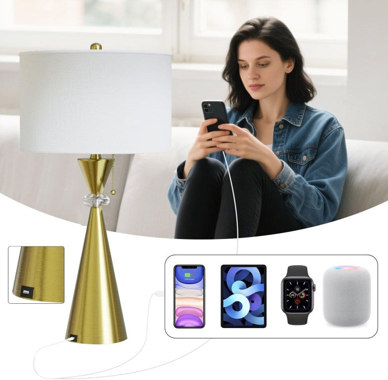 English Elm 28 Inch Brushed Gold Hourglass Table Lamp Set with USB Port and White Drum Shade T6202P575094